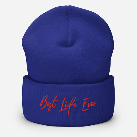 Blue+Red BLE Script Cuffed Beanie